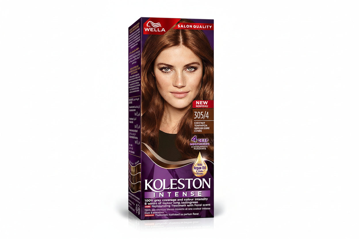 Koleston Intense hair dye box with a model's face on the packaging, featuring Wella brand.