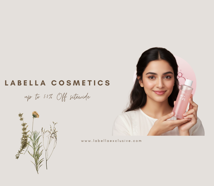Woman holding a pink cosmetic bottle with 'Labella Cosmetics' branding and promotional text on a light background.